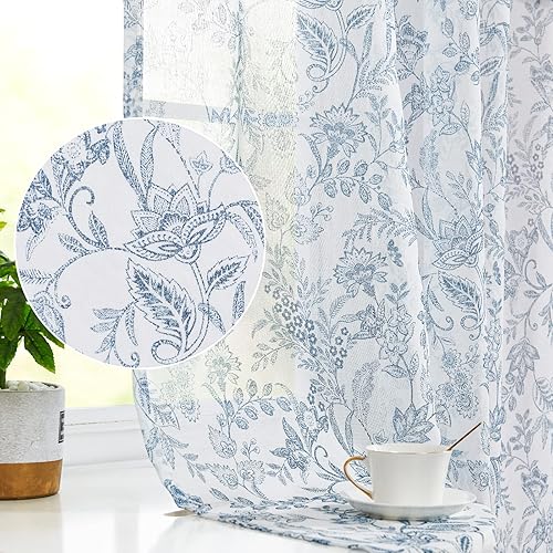 Vangao Cortinas traslúcidas estilo granja con estampado floral verde de 84 pulgadas de largo, juego de 2 paneles para sala de estar, dormitorio,