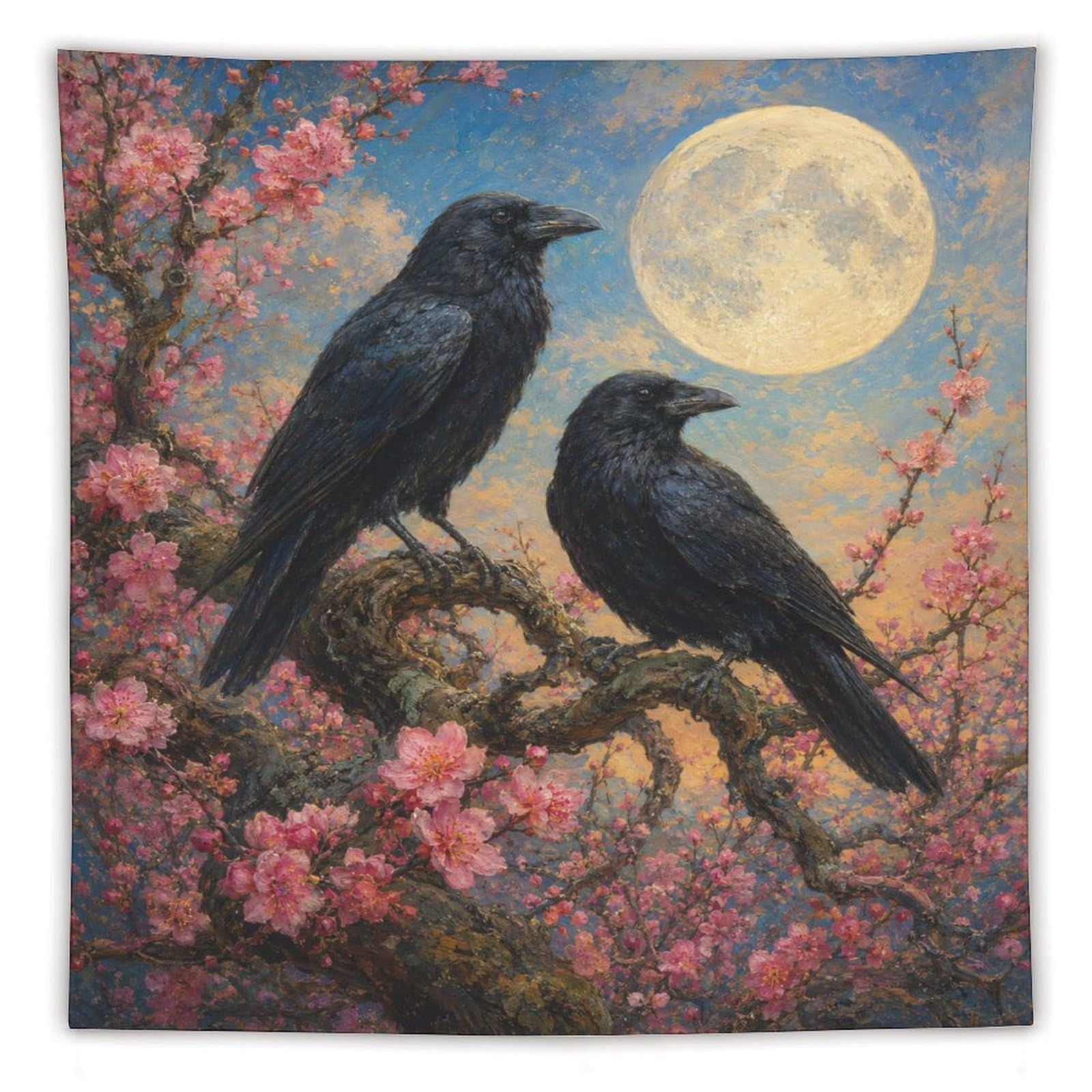H3B8U2Y5 Ravens Under Moon Wall Tapestry, Ukiyo-e, Cherry Blossom