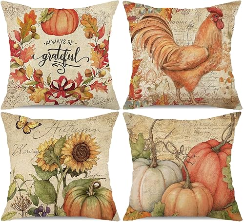 Juego de 4 fundas de almohada de otoño de 18 x 18 pulgadas, estilo vintage, granja, calabaza, girasol, gallo, decoración de otoño, Acción de