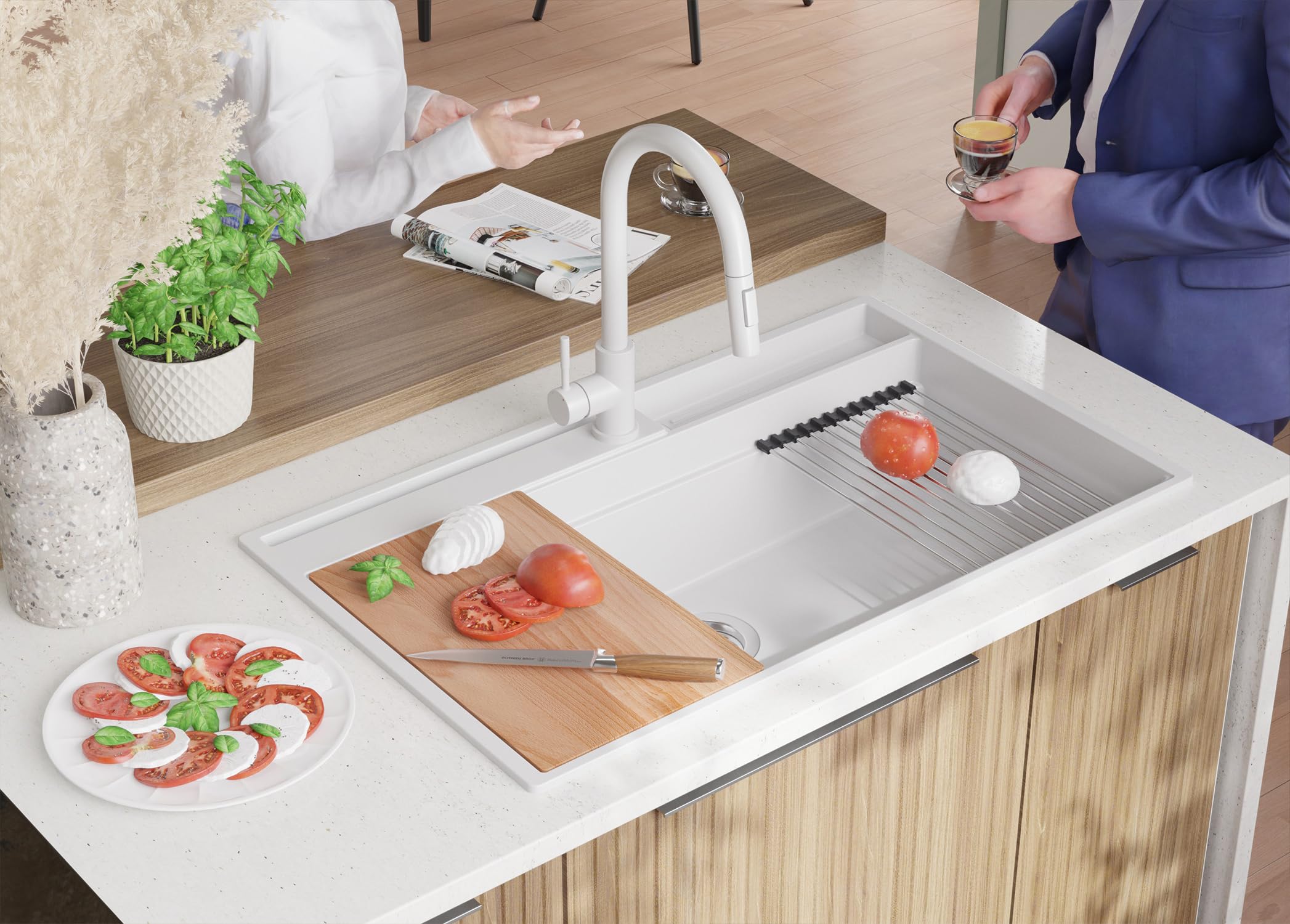 PRIMAGRAN Lavello da Cucina Bianco 88x53cm, Lavandino in Granito a 1 vasca + Sifone Classico, Lavabo da Cucina Incasso al Mobile 90cm - Oslo 90 Pocket S456