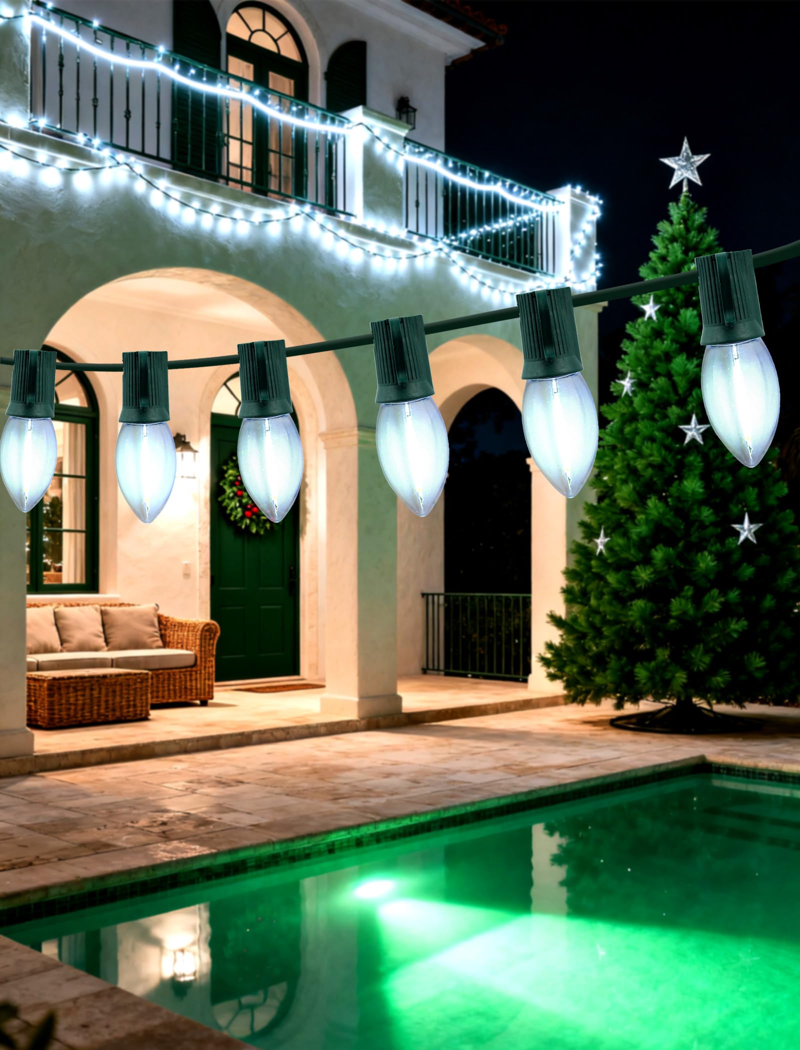 25FT LED Christmas Lights Outdoor Waterproof - Bright C9 Cold White String Lights with 25 Bulbs, Connectable Green Wire for Yard, Porch, Party, and Year-Round Holiday Decorations (UL Listed)