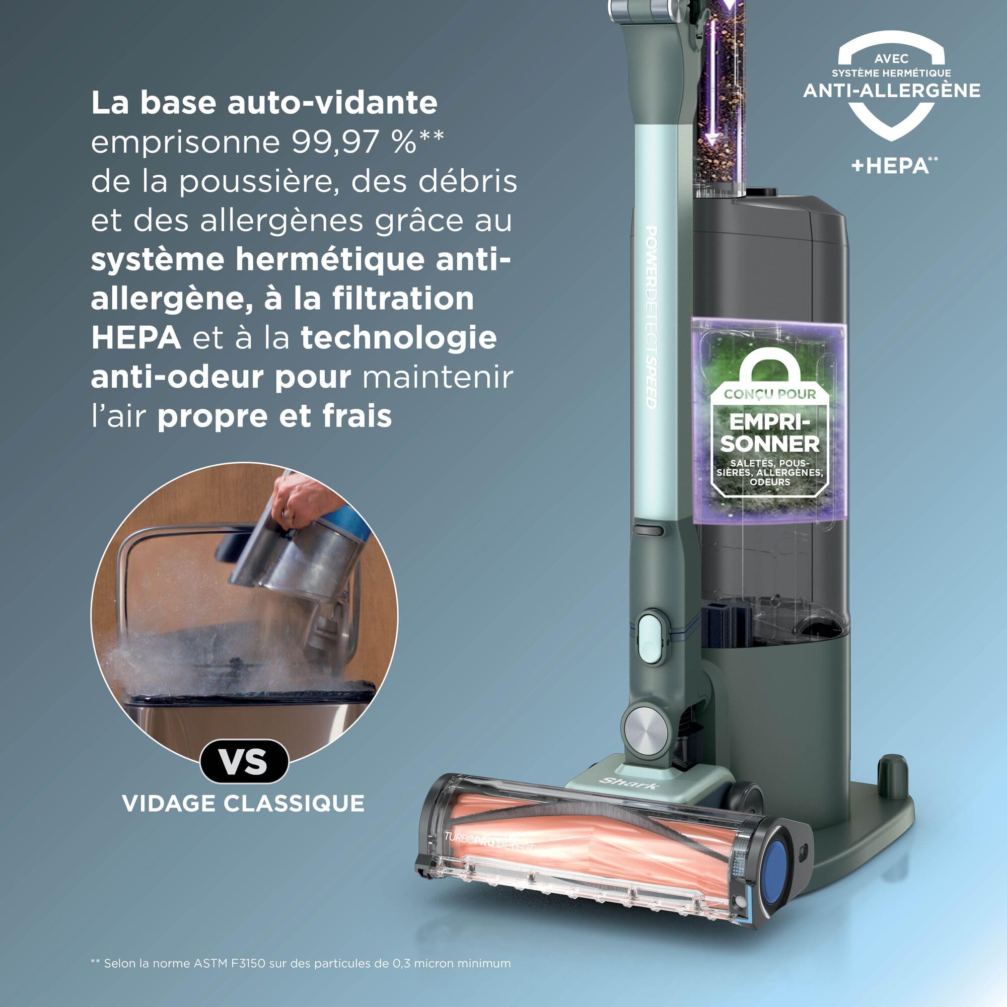 Shark PowerDetect Speed Clean & Empty, Aspirateur sans Fil, Aspiration en arrière, 60 Min d'autonomie, Station de Charge à vidage Automatique et Mini-Brosse motorisée pour Animaux IA3243FRT