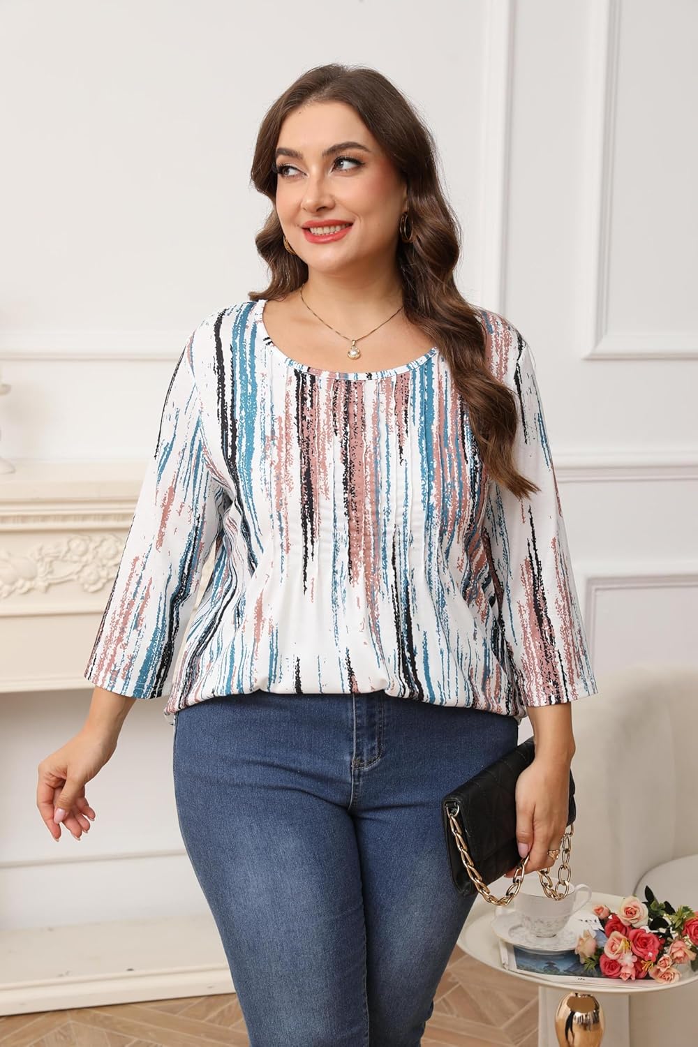 Womens Plus Size 3/4 Length Sleeve Tops Crewneck Pleated Loose Fit Casual Tunic Top Swing Shirts Blouses 1X-5X - Image 6