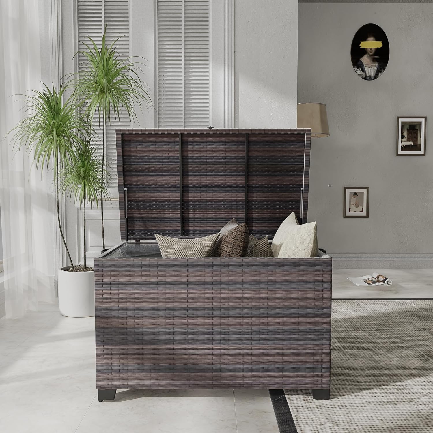 ASJMR Outdoor Large Wicker Rattan Deck Storage Box With Lid,Waterresistant Liner