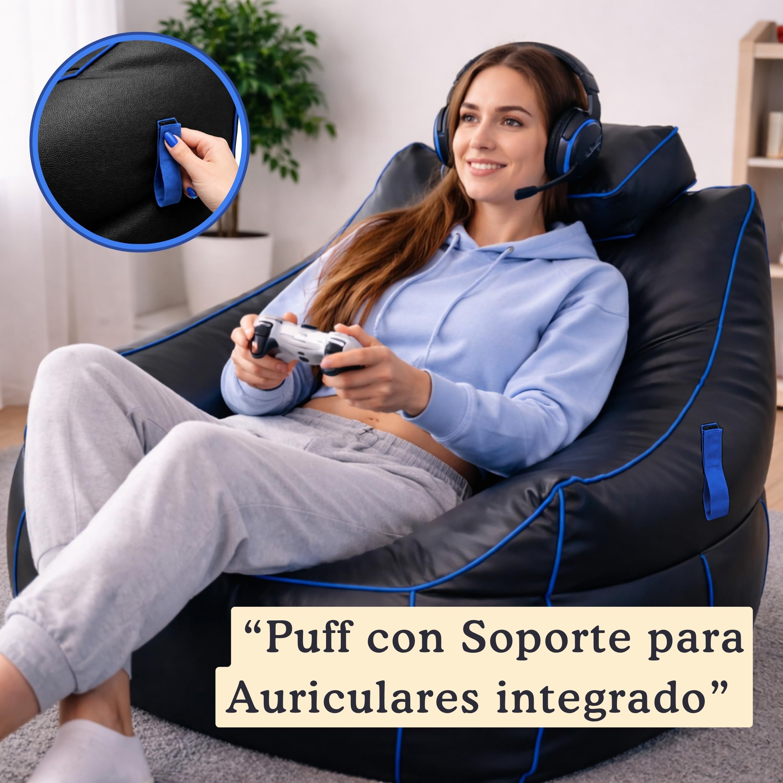 bananair - Puff Gamer XXL - Confort Estable - Relleno de Espuma - Reposacabezas Ajustable y 2 Bolsillos - Apto para Adolescentes y Adultos para Juegos, TV y Relajación (110×100×90 cm, Azul)