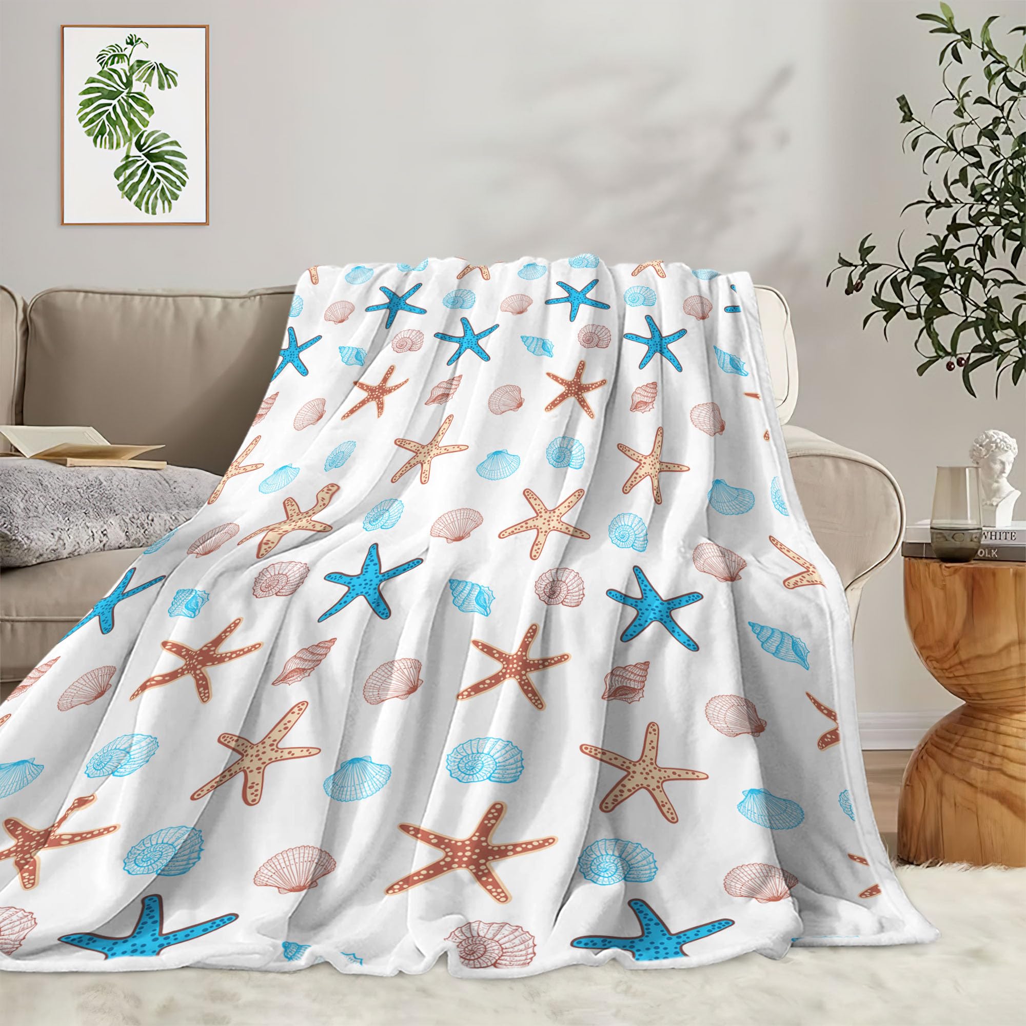 Bcsewcg Ocean Beach Throw Blanket,CoastalSummer Blue Seashell Starfish Throw Blanket for Kids, Super Warm Cozy Microfiber Flannel Blanket for Couch