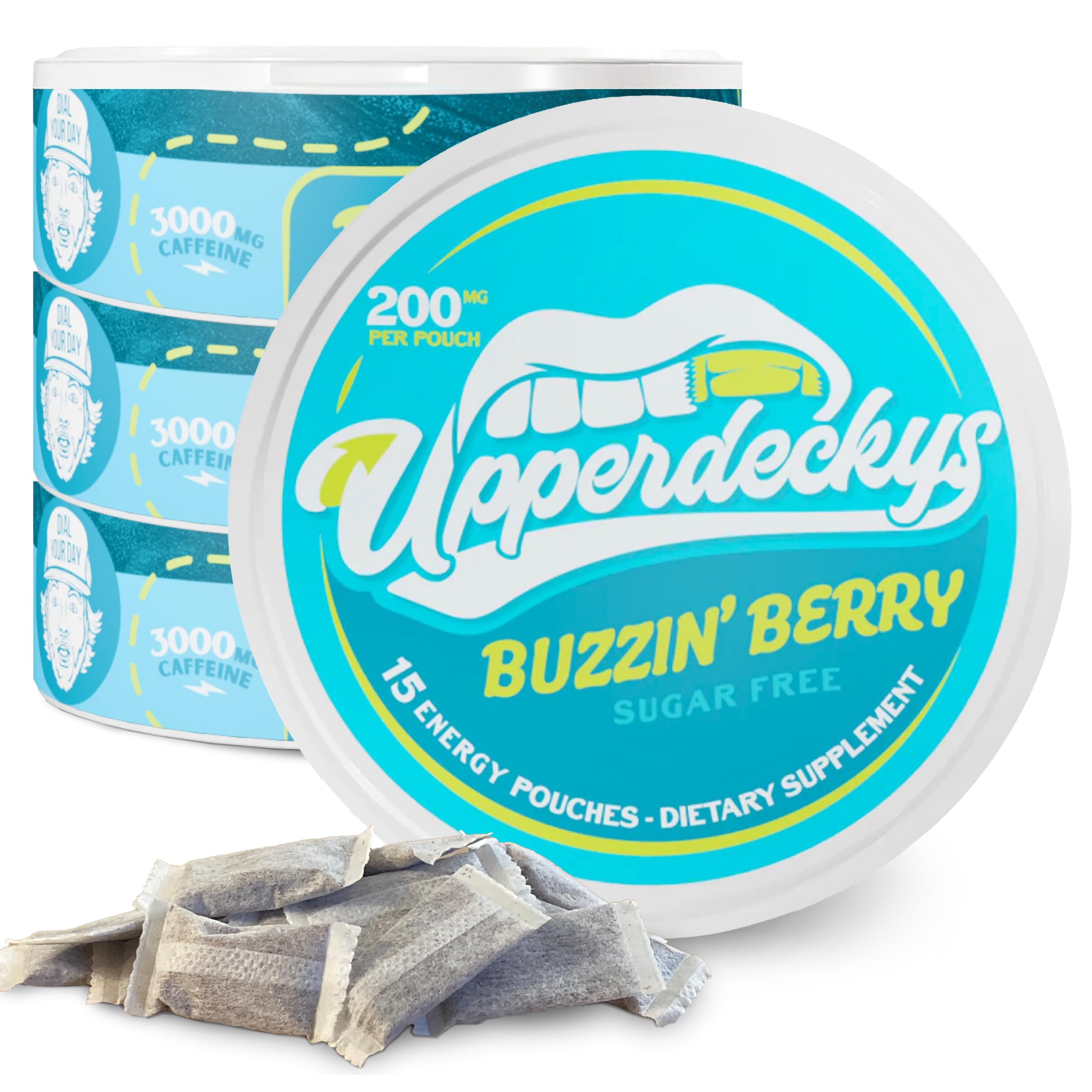 Upperdeckys, Buzzin Berry Caffeine Energy Pouches - Free Replacement and Alternative for Focus and Energy - Sugar Free Nootropic Pouches, Made in the USA and Delicious Flavor (4-Pack, 200mg)