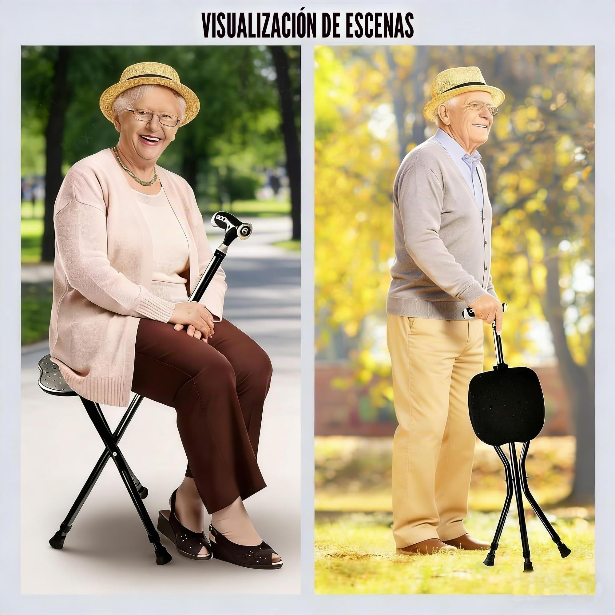 Bastón con asiento, capacidad de 120 kg, tabla de asiento grande en cinco posiciones de altura ajustable, caña y taburete de doble uso, bastón con asiento para adultos en reposo, personas mayores y