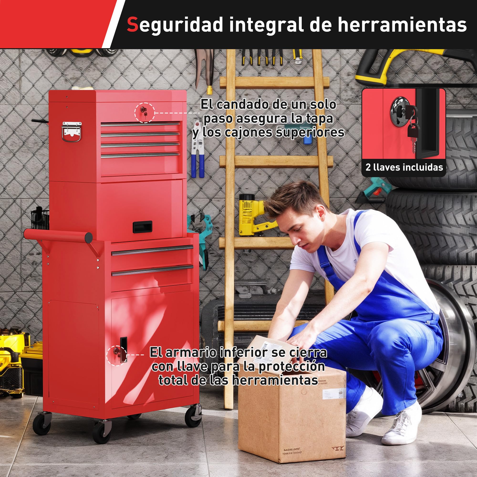 HOMCOM Carro de Herramientas con 6 Cajones y Cerraduras, 3 en 1, Carro de Taller Móvil con Ruedas y Panel Lateral Perforado, Caja de Herramientas Desmontable de Acero, para Taller, Garaje, Rojo
