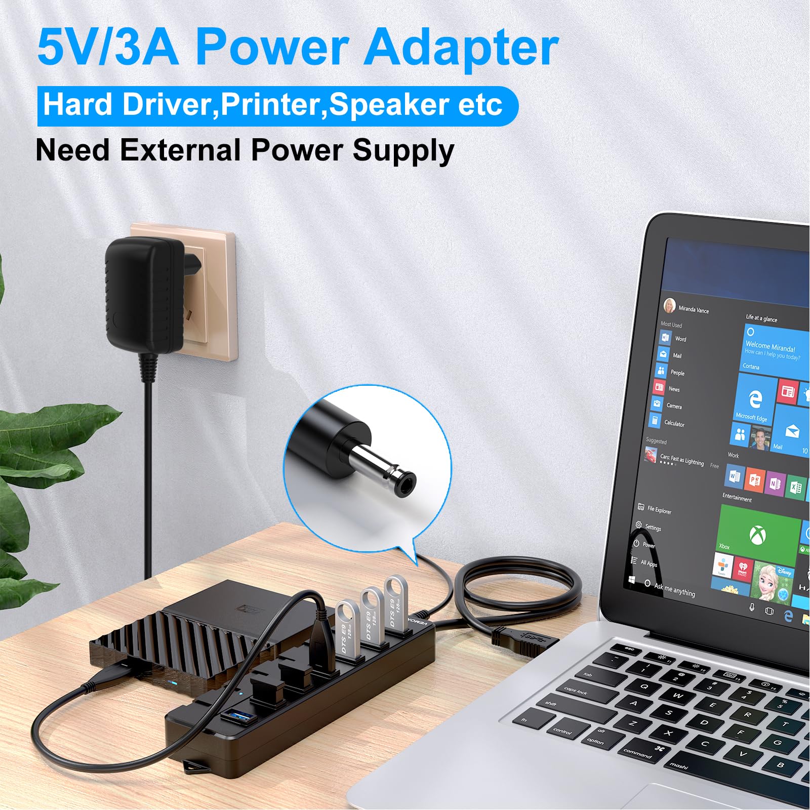 Vemont 7-Port USB 3.0 Hub, Piano chiavi di stile individuale di On/Off con 7 Indicatore LED blu 5V/2A adattatore di alimentazione (Spina europea), 1.2m via cavo per Mac OS, Windows, Linux