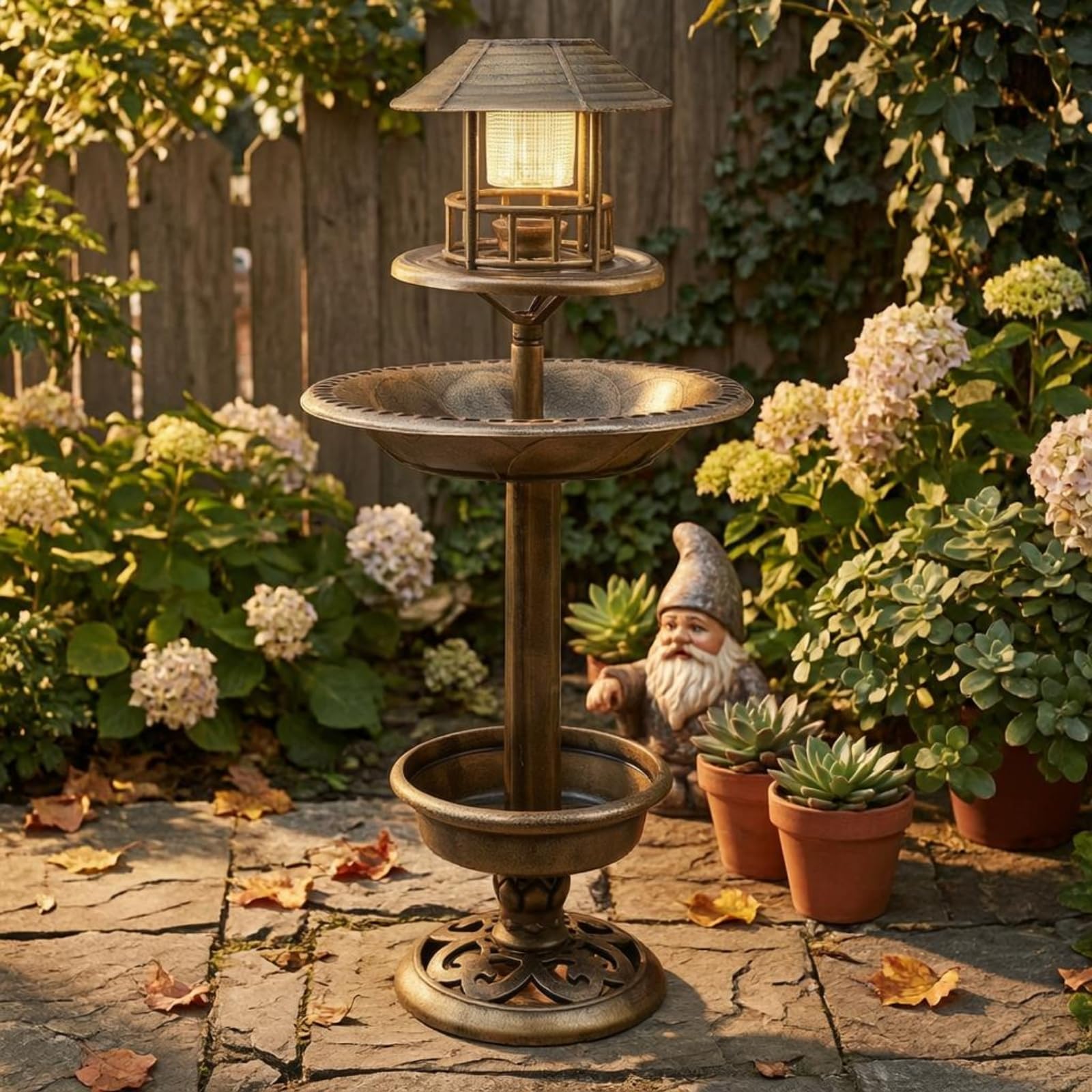 Vogeltränke Freistehend Outdoor Vogelbad Vogeltränke Kombi Klassisches Design mit Laterne Und Led-licht aus für Gärten Rasenflächen Wege, Grün, Antikgrün