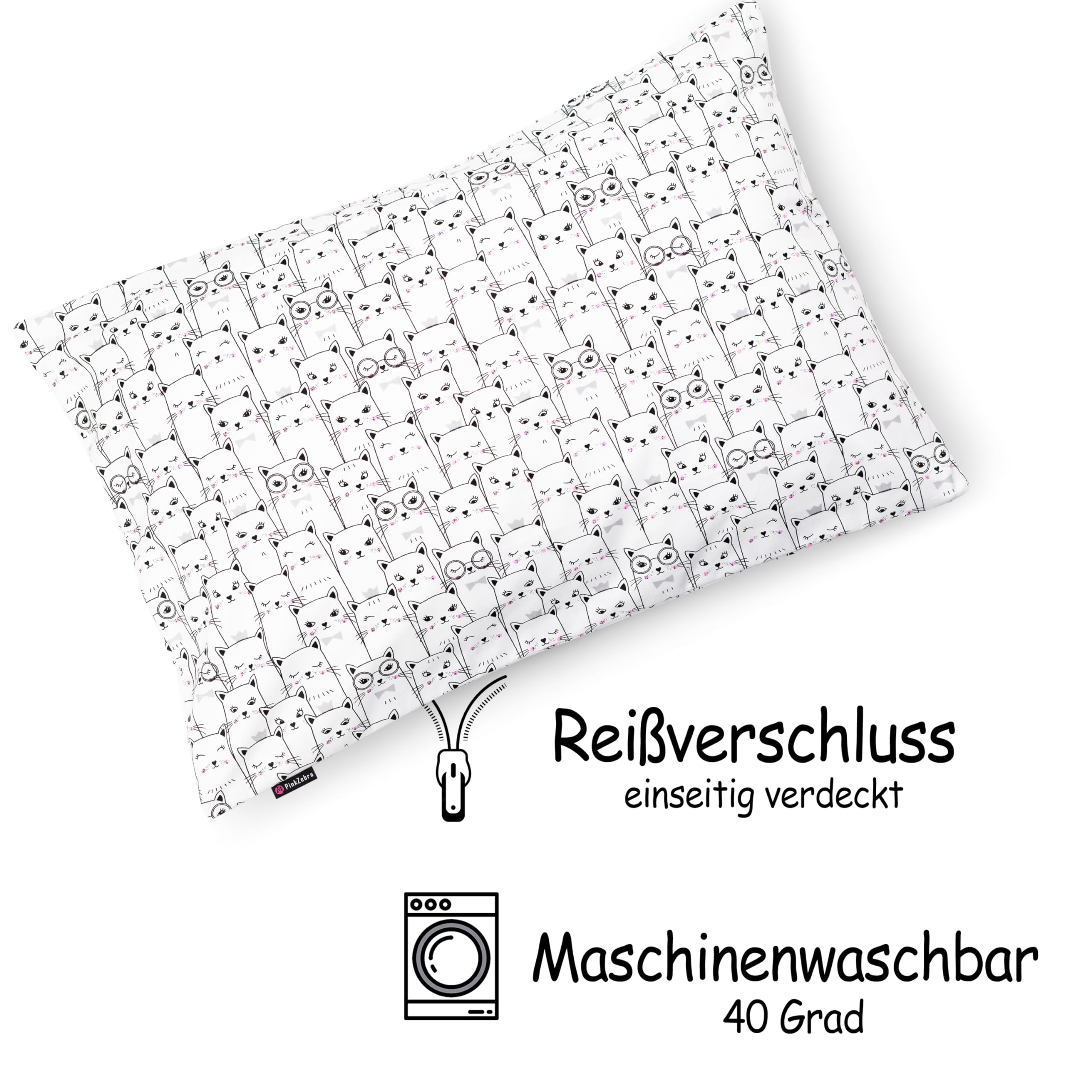 Federa per cuscino per bambini 30x50 cm 100% cotone con chiusura lampo gatti bianchi