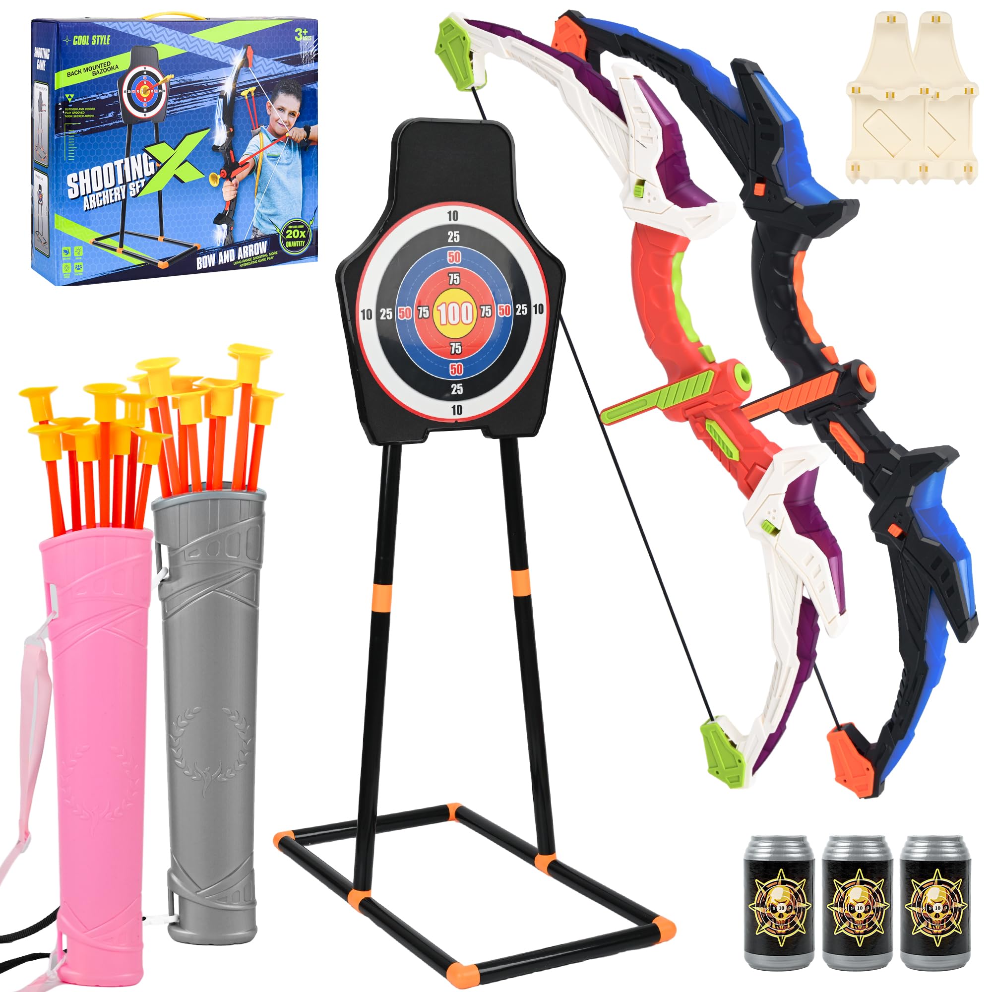 2 Pack Bow and Arrow Sets for Kids 8-12,LED Light-up Archery Toy Set Includes Suction Cup Arrows, Quivers, Standing Target and Target Score Cans Indoor Outdoor Toys for Kids Boys Girls Birthday