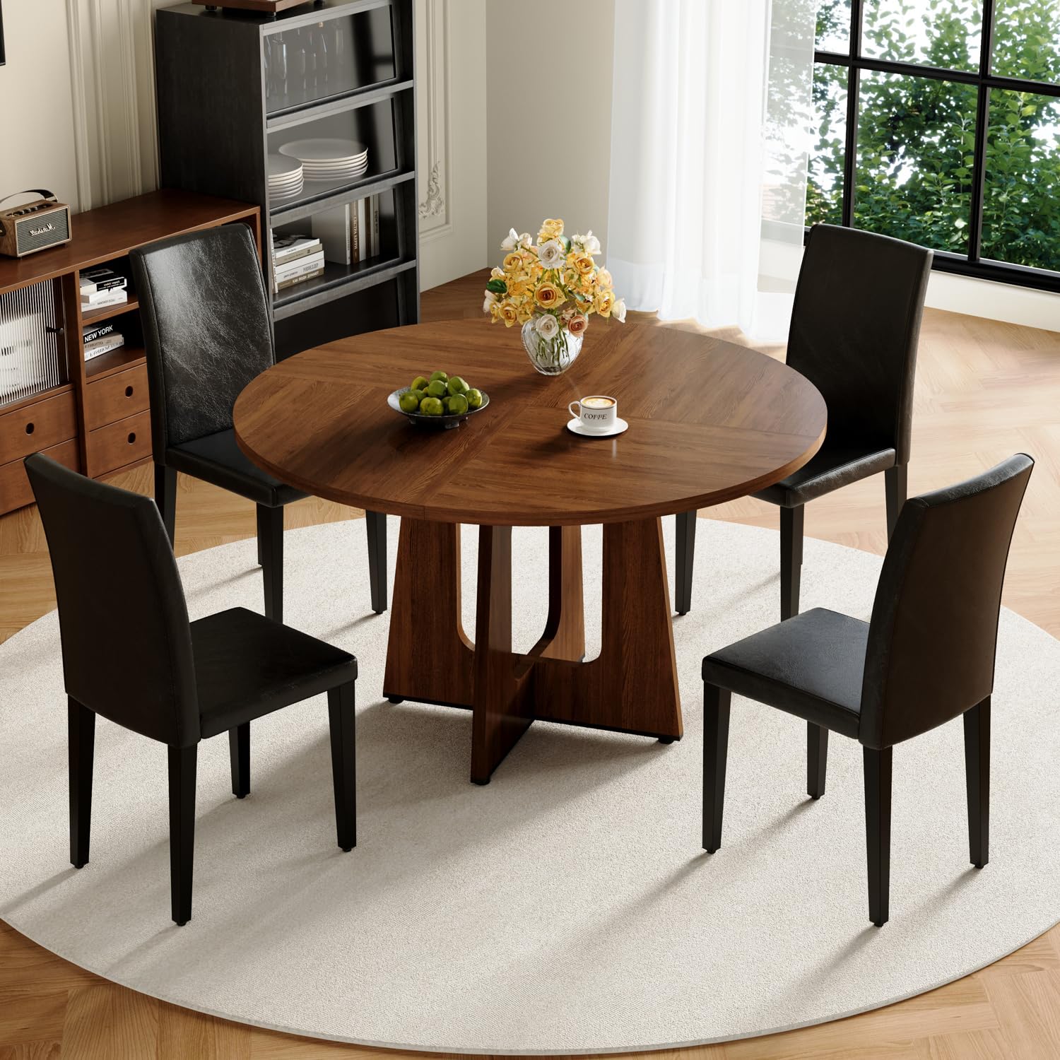 47" Round Dining Table Set for 4, Walnut Wood Grain Table and 4 Chairs Set