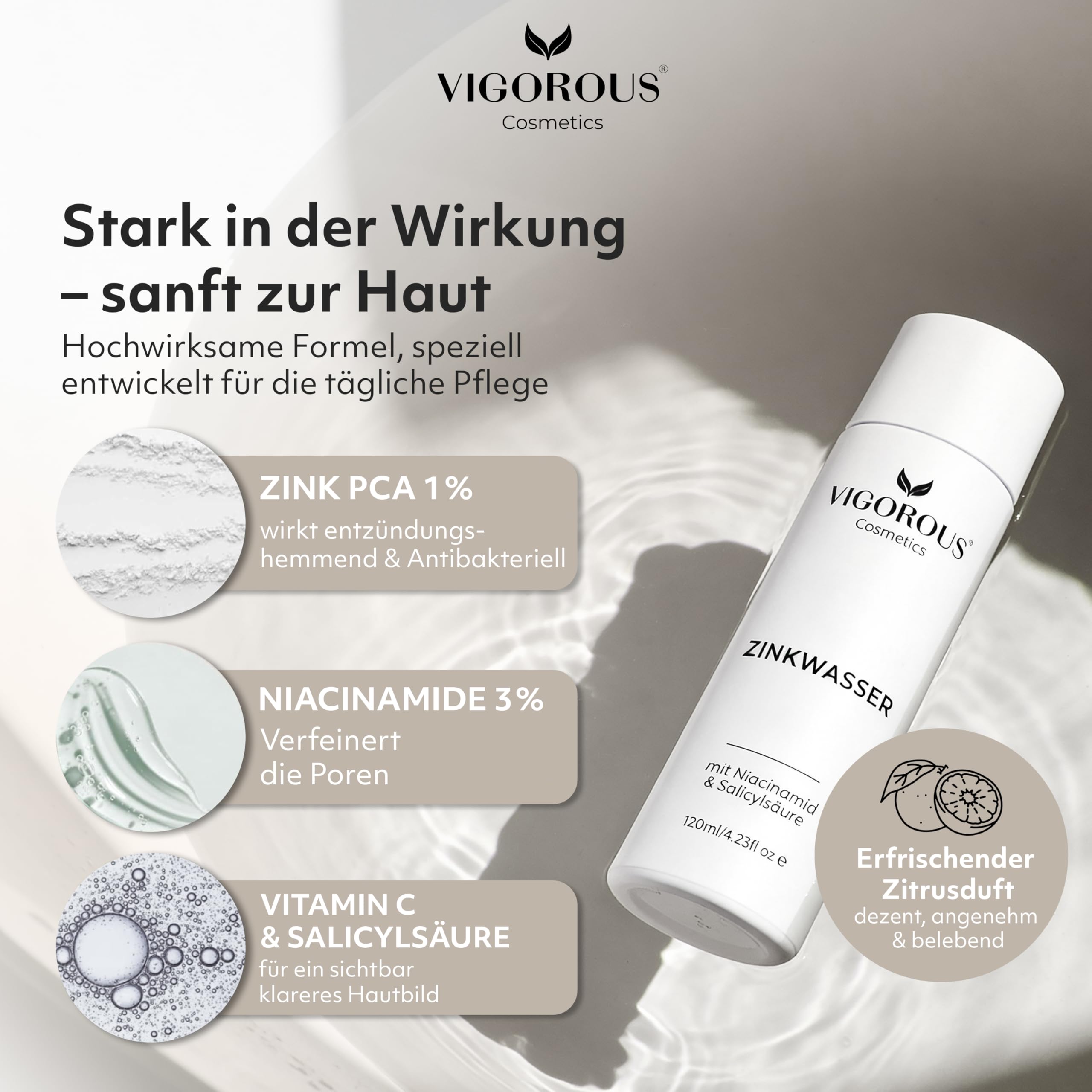 VIGOROUS® Zink Gesichtswasser 120ml anti Pickel Gesichtsreinigung Männer & Frauen- Salicylsäure & Niacinamide face cleanser gegen unreine Haut Gesicht - Vegan gegen Pickel im Gesicht & hormonelle Akne