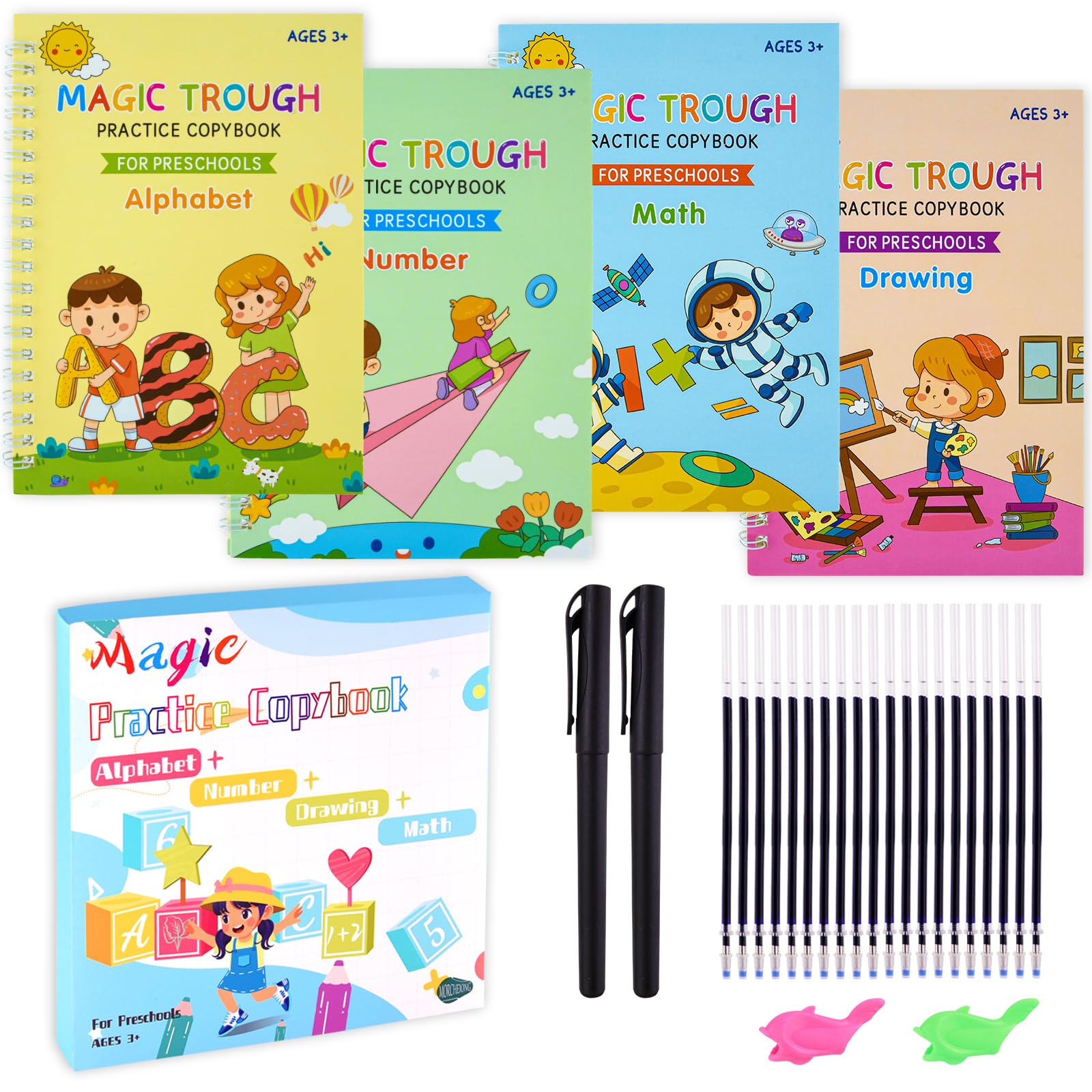 Morcheiong 4Pcs Reusable Magic Practice Copybook for Kids, Calligraphy Handwriting Practice Book Set for Preschools