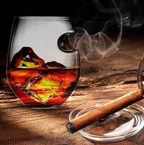 Miniatura 5 de Bezrat Vasos de cigarro de whisky – Juego de 2 vasos de whisky a la antigua moda con soporte lateral para puros – Regalo del día del padre – papá,