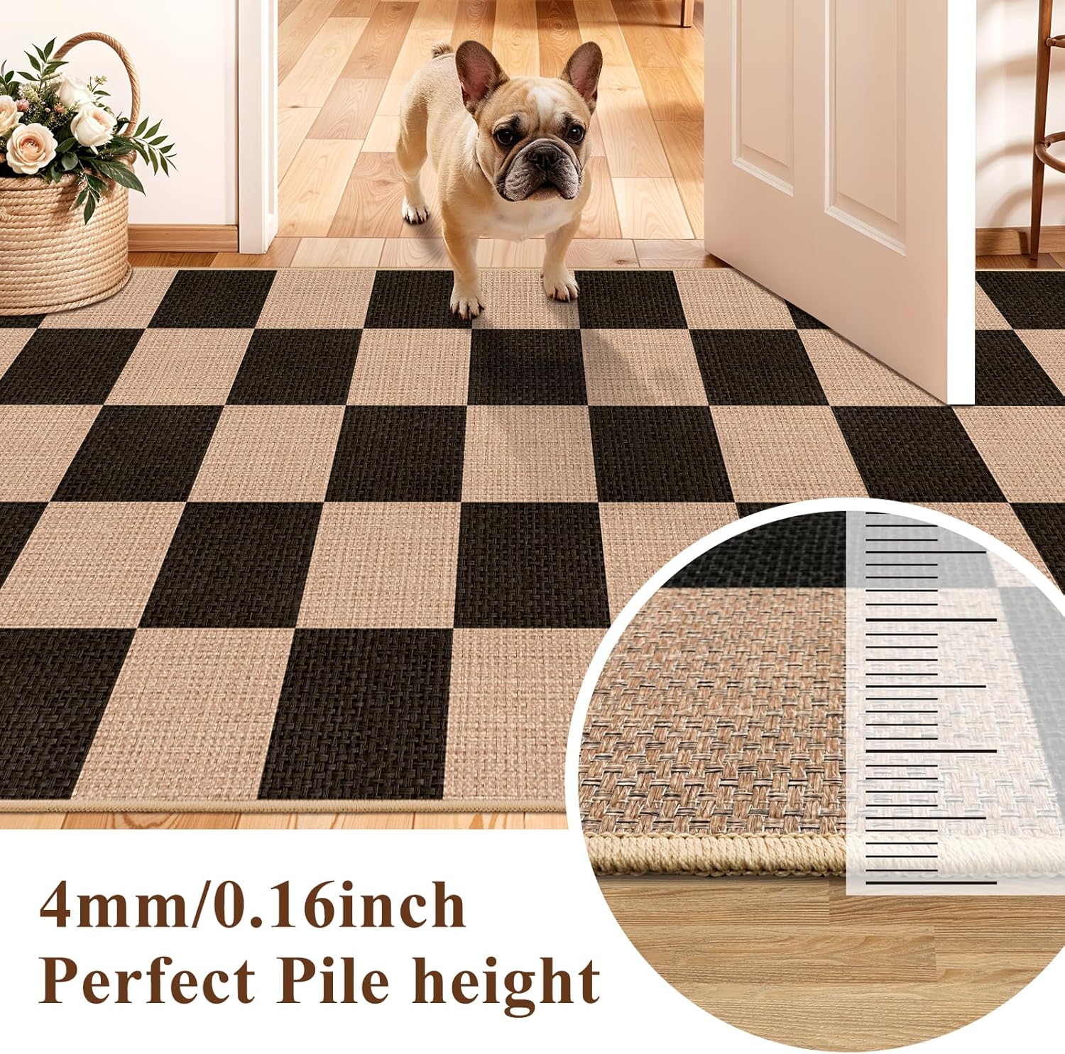 2x8 Checkered Runner Rug for Hallway: Washable Faux Jute Runners Indoor Farmhouse Style - Carpet with Non-Slip Backing - Non Slip Narrow Floor Runners for Entryway Kitchen Living Room (Black,2x8)