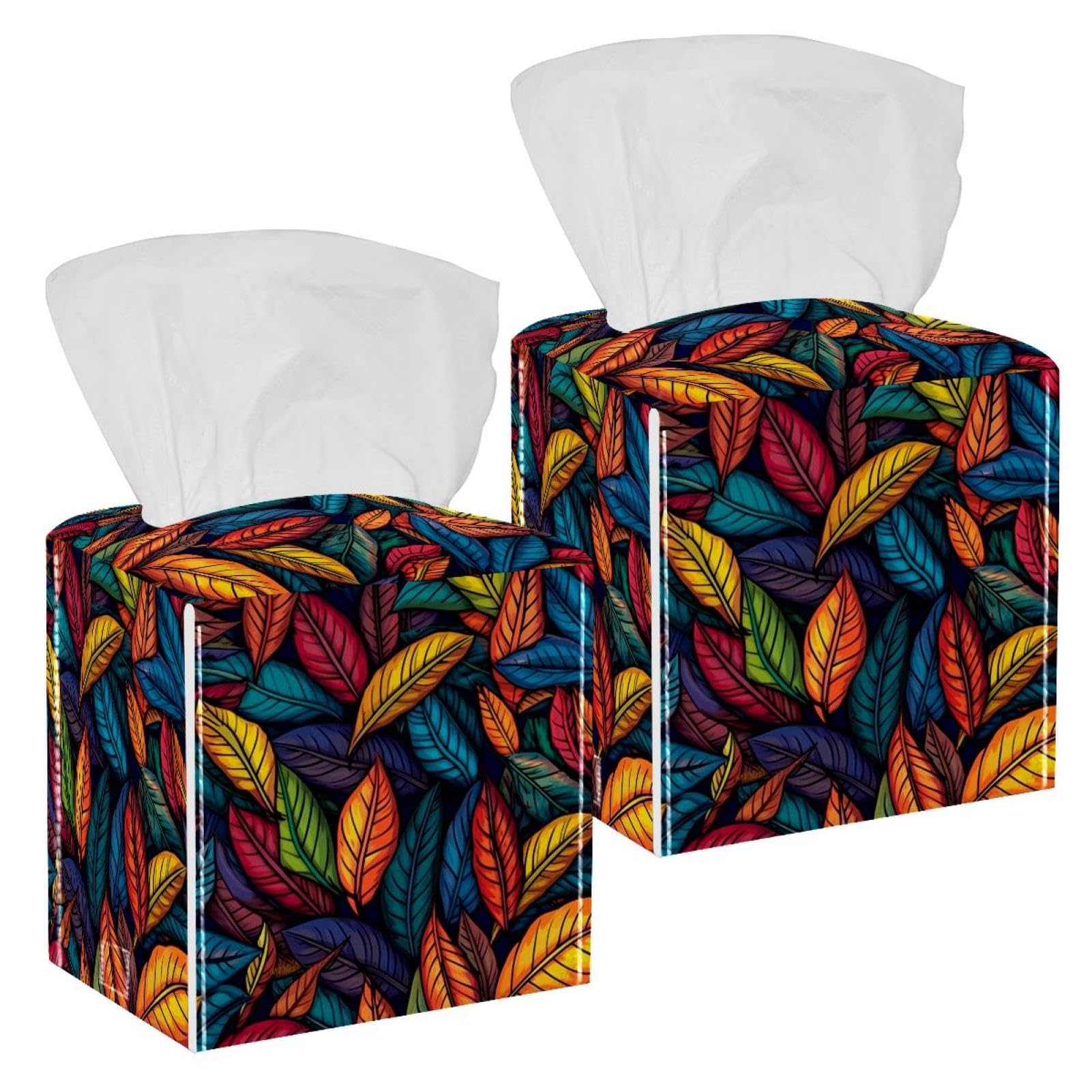 Artistic Leaves Tissue Box Cover, 2 Pack PU Leather Square Facial Tissue Dispenser Box holder for Home Office Car