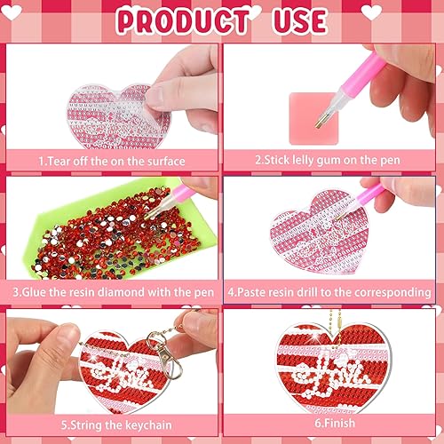 Miniatura 4 de Tondiamo Juego de 20 llaveros de pintura de diamantes para el día de San Valentín con herramientas, llavero de pintura de diamante con corazón de