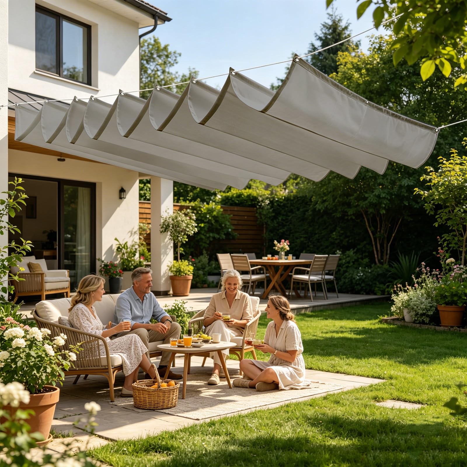 Einziehbares Sonnensegel 140 x 300 cm Pergola, Wasserabweisend Einziehbar Welle Überdachung, Uv-Schutz 50+, Wetterfest, Sonnenschutz für Garten Pergola Balkon Terrasse, Hellgrau