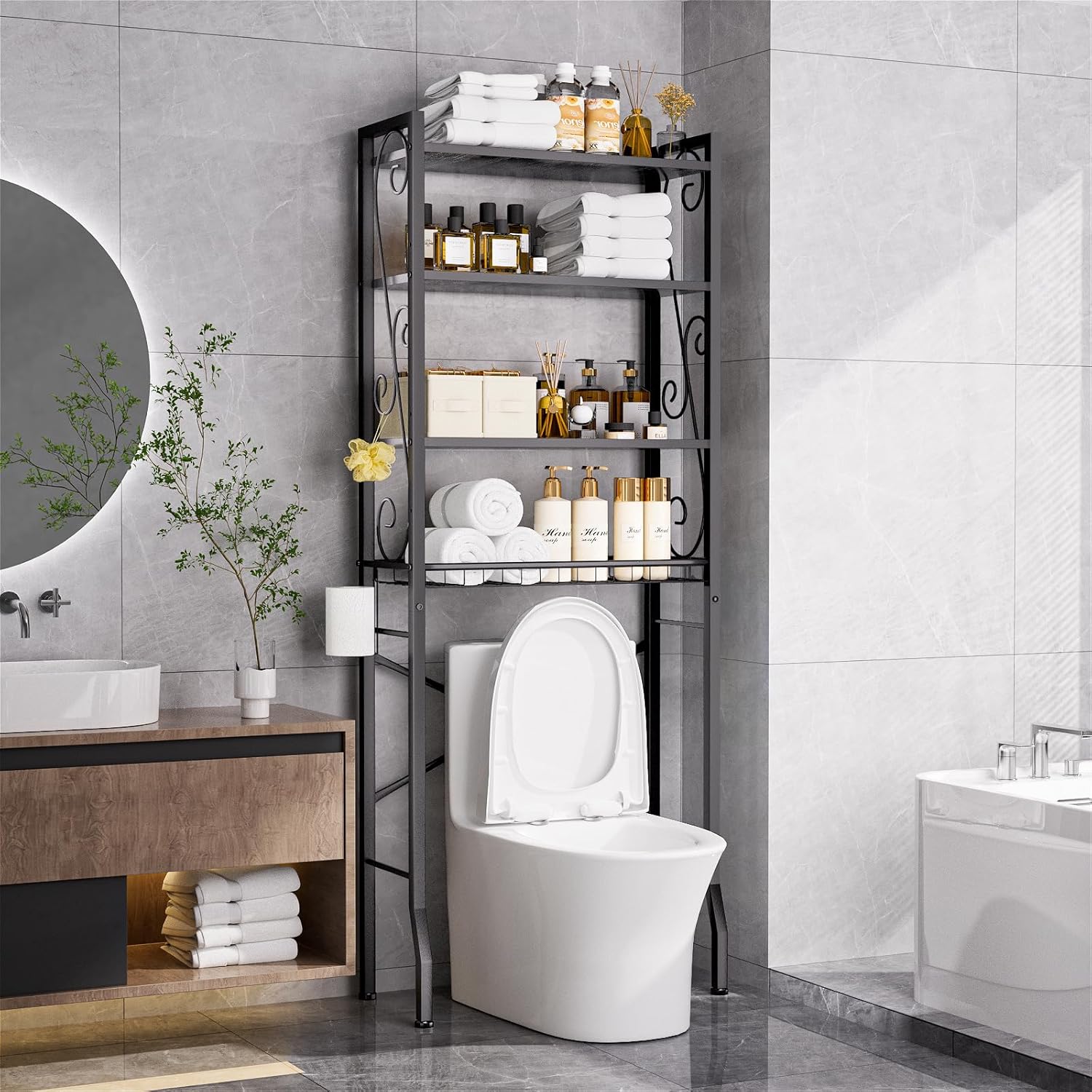 Over-The-Toilet Storage Rack 4-Tier,Bathroom Organizer Shelf Over Toilet,Adjustable Wooden Shelves and Basket,Freestanding Above Toilet Shelf,Space Saver for Rooms(Black Rack-Black Shelves)