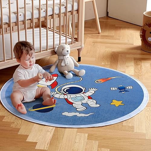 Miniatura 5 de Choc chick Alfombra espacial para sala de juegos, dormitorio, alfombra redonda azul, alfombra de juego antideslizante, decoración de habitación de