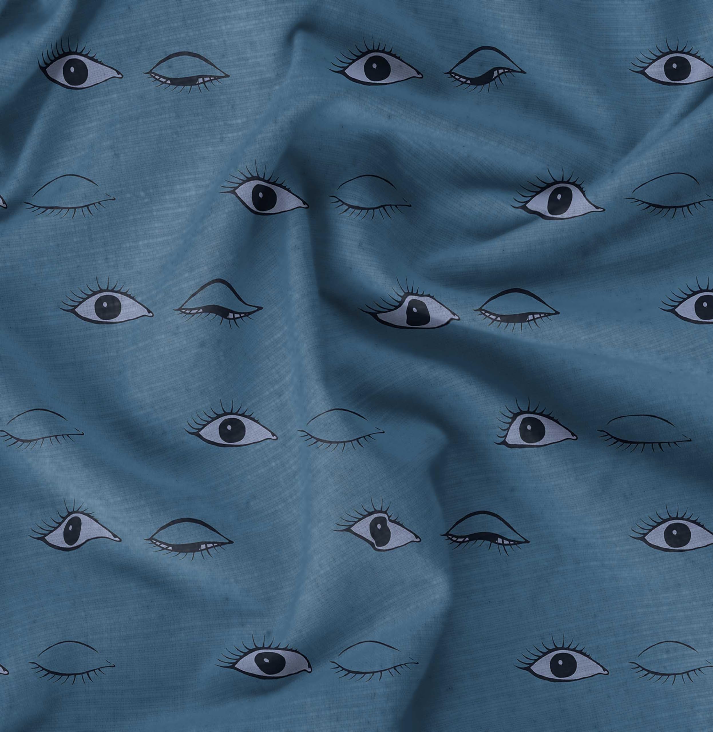 Soimoi Blue Fabric - By the Meter - 42 Inch Wide - Eyes Face Textile - Abstract and Artistic Patterns for Stylish Creations Printed Fabric