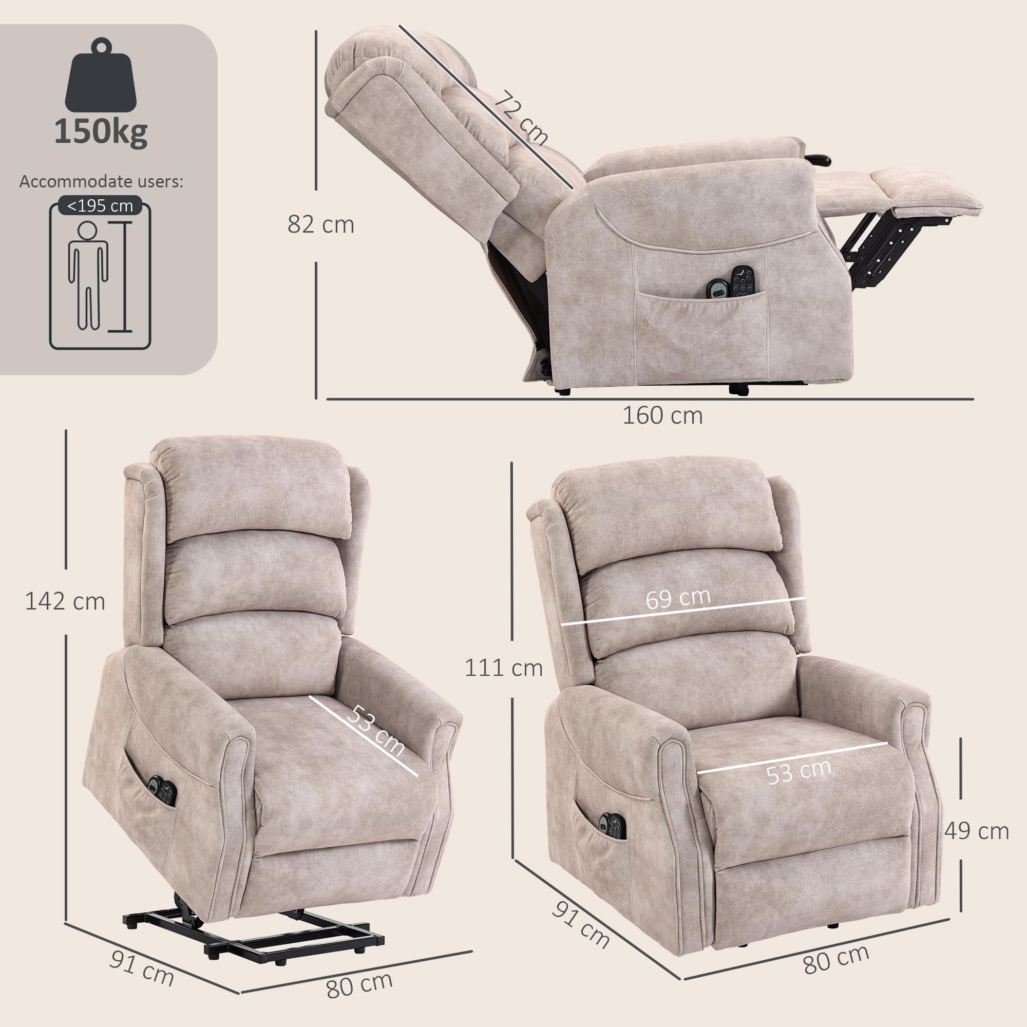 HOMCOM Poltrona sollevatore elettrico massaggio vibrazione e calore poltrona relax elettrica velluto schienale reclinabile cuscino a molle tasche laterali telecomando poggiapiedi facile montaggio
