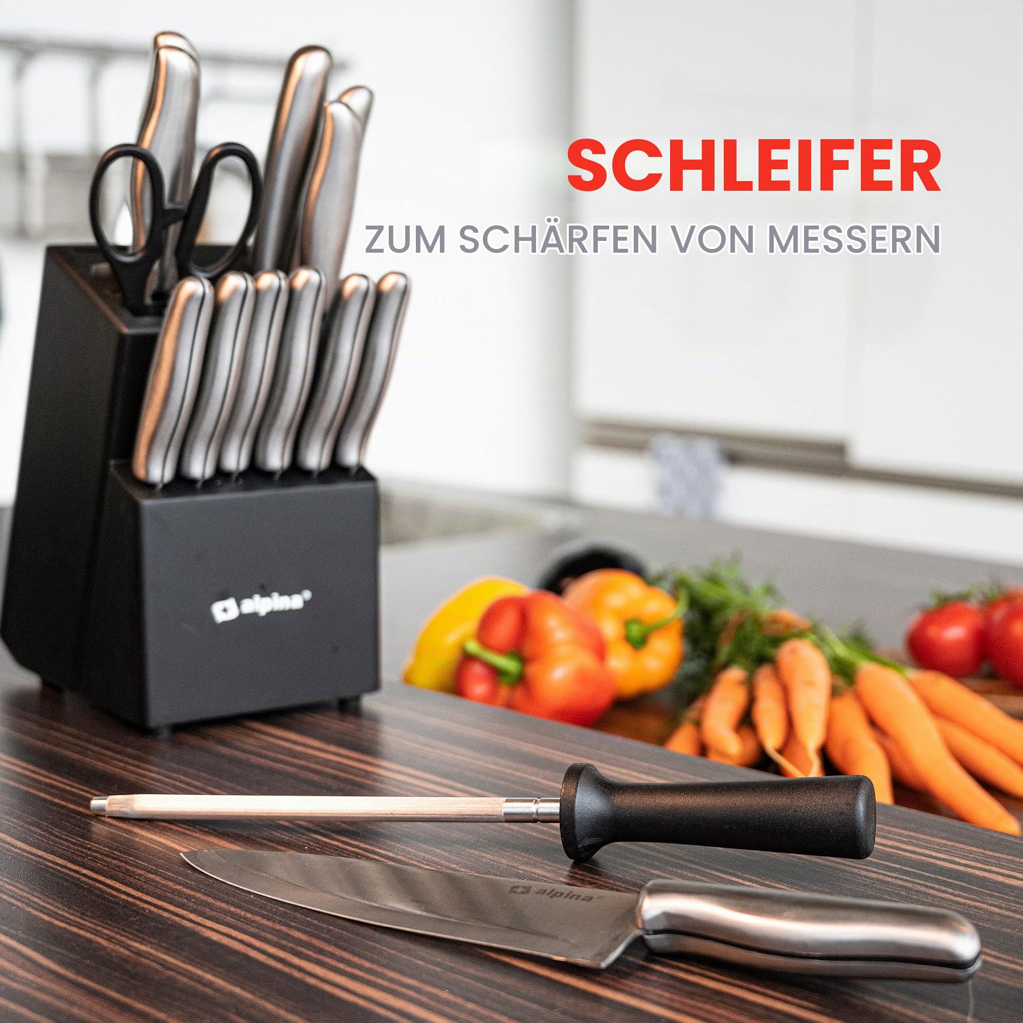 alpina Messerblock 15-Teilig - Messerset mit Block - Küchenmesser Set - 12 Verschiedener Messer - Inkl. Schärfer und Schere mit Antihaftbeschichtung - 29 x 13 x 35 CM - Edelstahl