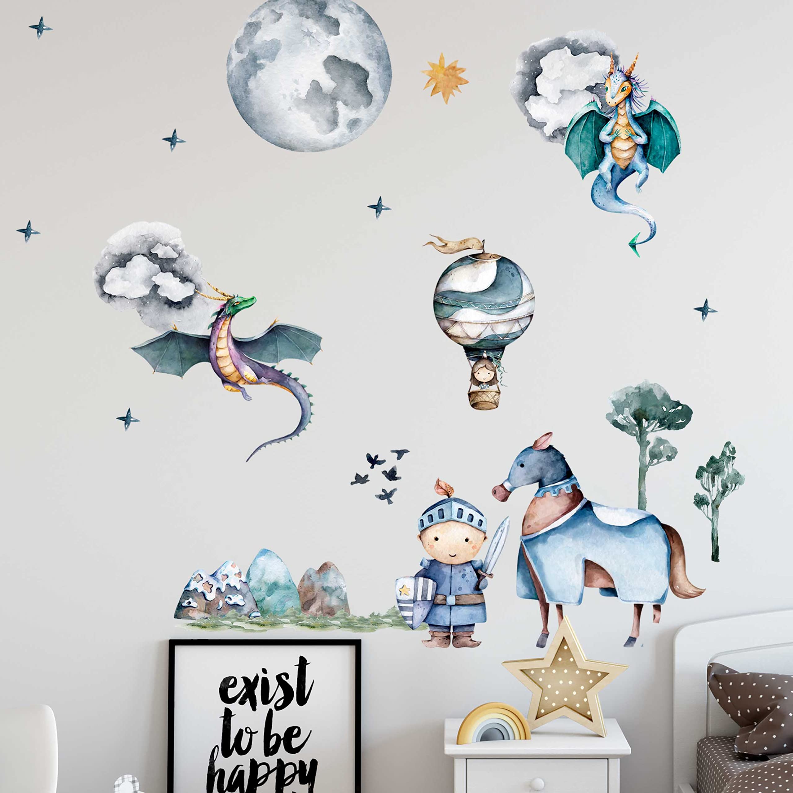 WANDKIND Ritter und Drache Wandtattoo Kinderzimmer V384 | handgezeichnet | AUFKLEBER Kindergarten | Babyzimmer Wandsticker Schloss Prinzessin Heissluftballon Wanddeko (75 x 75 cm)