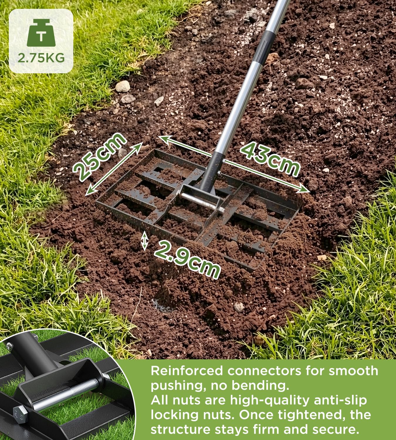 Rastrillo escarificador para césped, rastrillo de jardín con mango ajustable, rastrillo escarificador de metal resistente para eliminar musgo, paja y malas hierbas, herramienta para el cuidado del