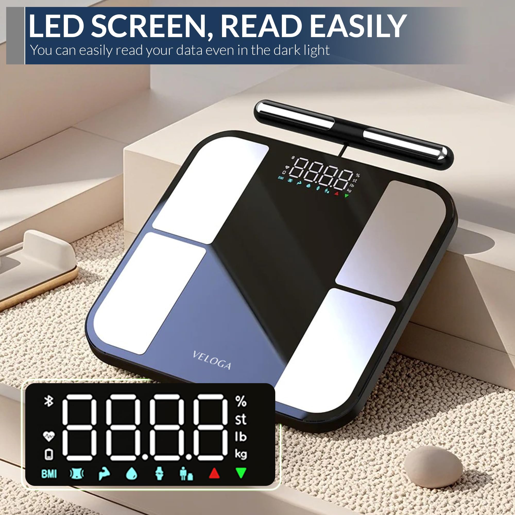 Balance intelligente pour poids corporel, 8 électrodes avec 56 indicateurs de données, application Bluetooth analyseur de composition corporelle, grand écran LED, balance précise jusqu'à 180 kg