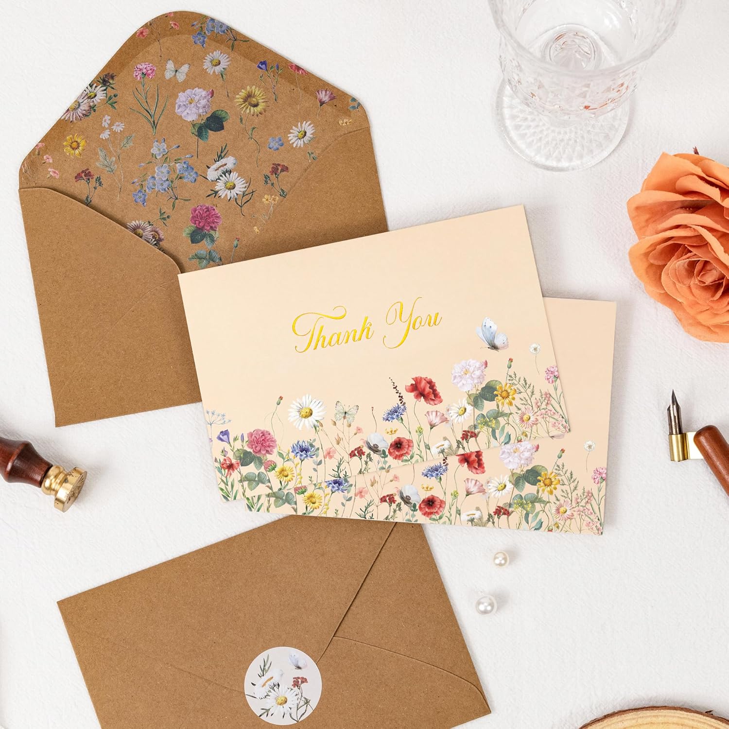 Crisky 25 Pack Vintage Wildflower Floral Gold Foil Thank You Cards with Envelopes & Stickers for Birthday, Baby Shower,Bridal Shower, Wedding, Graduation, Business - Image 4