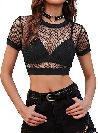 Avidlove Fishnet Top for Women Mesh See Through Shirt Rave Goth XS-2XL | Small-hole Fabric, Short Sleeve, Cropped, Crew Neck, With Bound Trim, Sexy Edgy Style, Perfect for Gothic, Punk, Clubwear