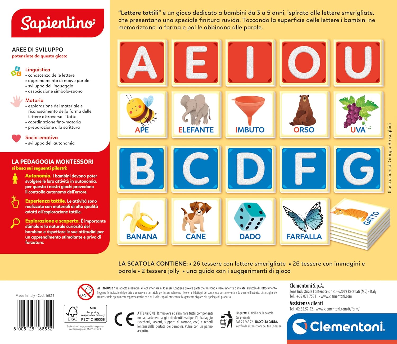 Clementoni Sapientino Montessori - Tactile Letters - Educational Game 3 Years, Montessori Flashcards, Educational Cards on Letters, Learning The Alphabet, Develops Language, Made in Italy, 16855