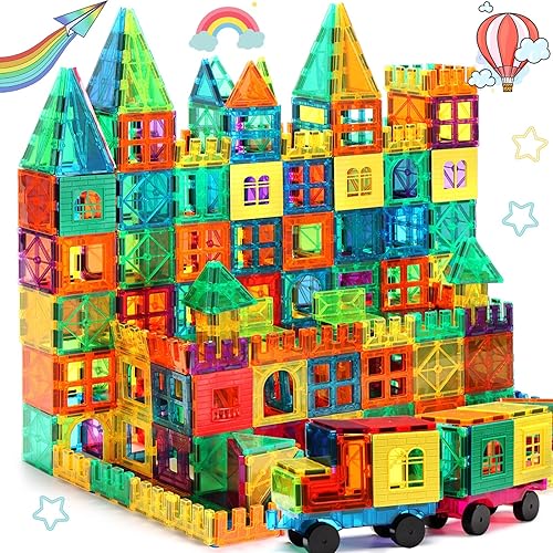 FNJO Magnetic Tiles, 100PCS Building Blocks, Magnets Building Set, STEM Toys Christmas Toy Gift for Kids Boys and Girls