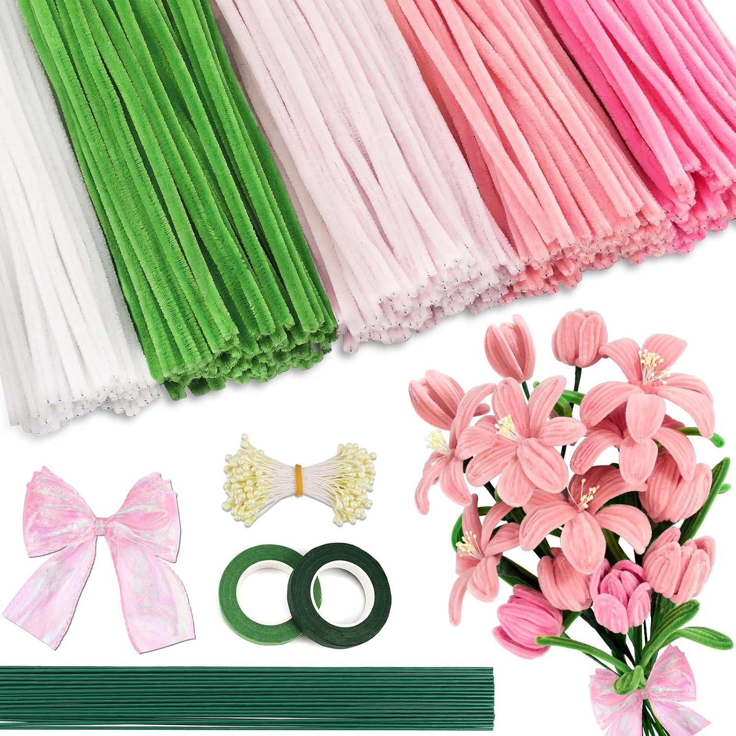 Ranslen Pipe Clearers Craft, 430Pcs Arts and Crafts Chenille Stems Craft Sticks for Projects Creative DIY Room Decor, Pink Art Supplies Flower Making Kit