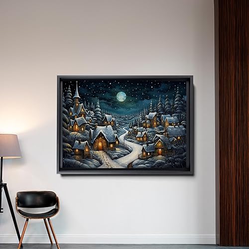 Miniatura 5 de Christmas Wall Art - Farmhouse Snow Covered Christmas Eve Village At Night Painting Canvas Print, Over Mantel Holiday Decor Ready To Hang, Modern