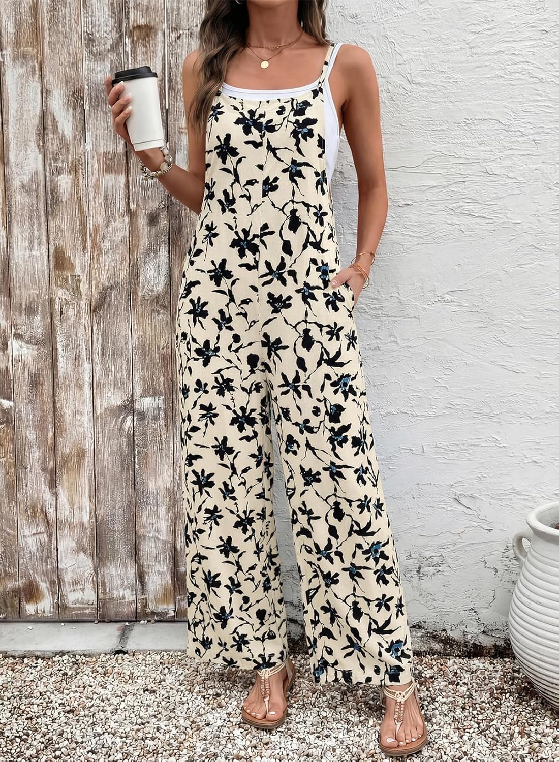 Dokotoo Women's Oversized Summer Boho Casual Jumpsuits 2026 Fashion Boho Wide Leg Loose Fit Pants Sleeveless Ladies Jumpsuits Long Pant Printed Causal Rompers Overalls With Pockets Apricot XXLarge - Image 4