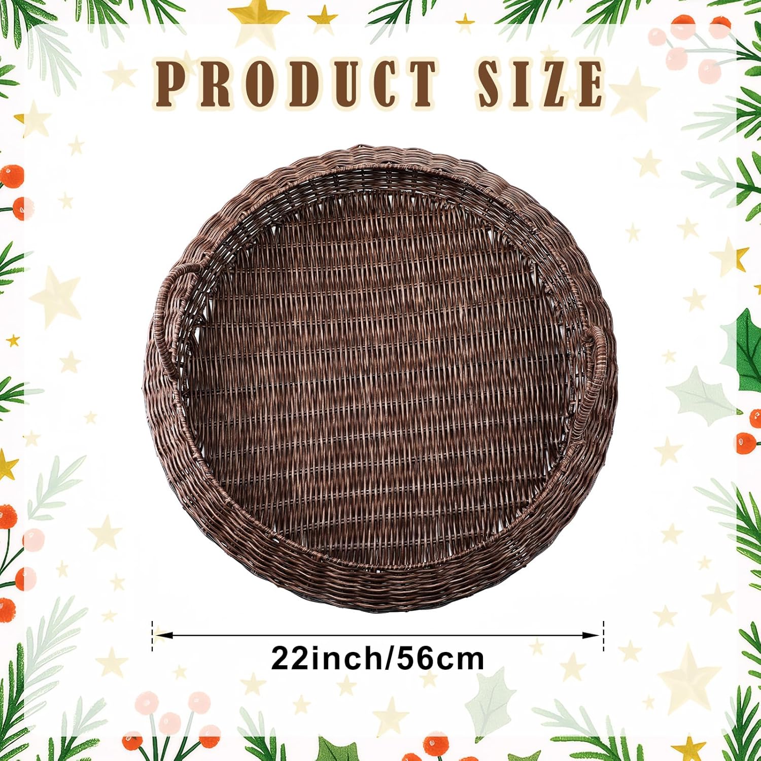 22 Inch Oversized Round Woven Basket Christmas Woven Serving Tray Round Rattan Effect Decorative Basket for Fruit Bread Storage Multipurpose Kitchen Holder Material for Home Organization