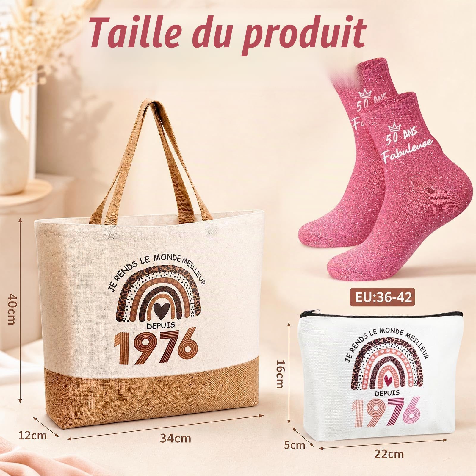 Jadive Coffret Cadeau Anniversaire Femme 50 Ans avec Trousse à Maquillage, Sac Cabas, Chaussettes et Porte-Clés 1976 – Idée Cadeau Originale pour Femme Née en 1976