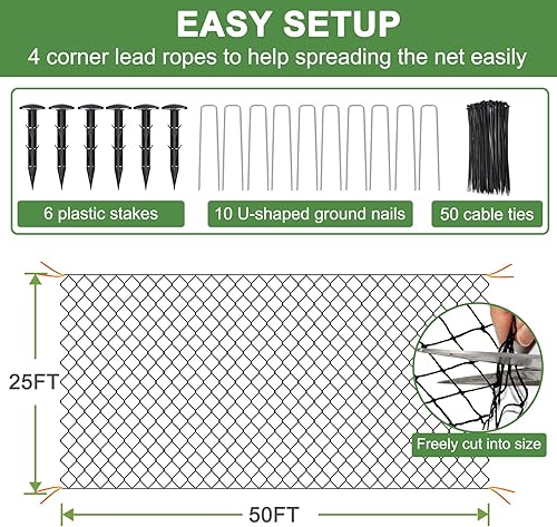 Miniatura 8 de DQS Red para pájaros  Red para aves de corral de 50 x 50 pies con red cuadrada de malla de 2.4 pulgadas para gallinero, red de pájaros para
