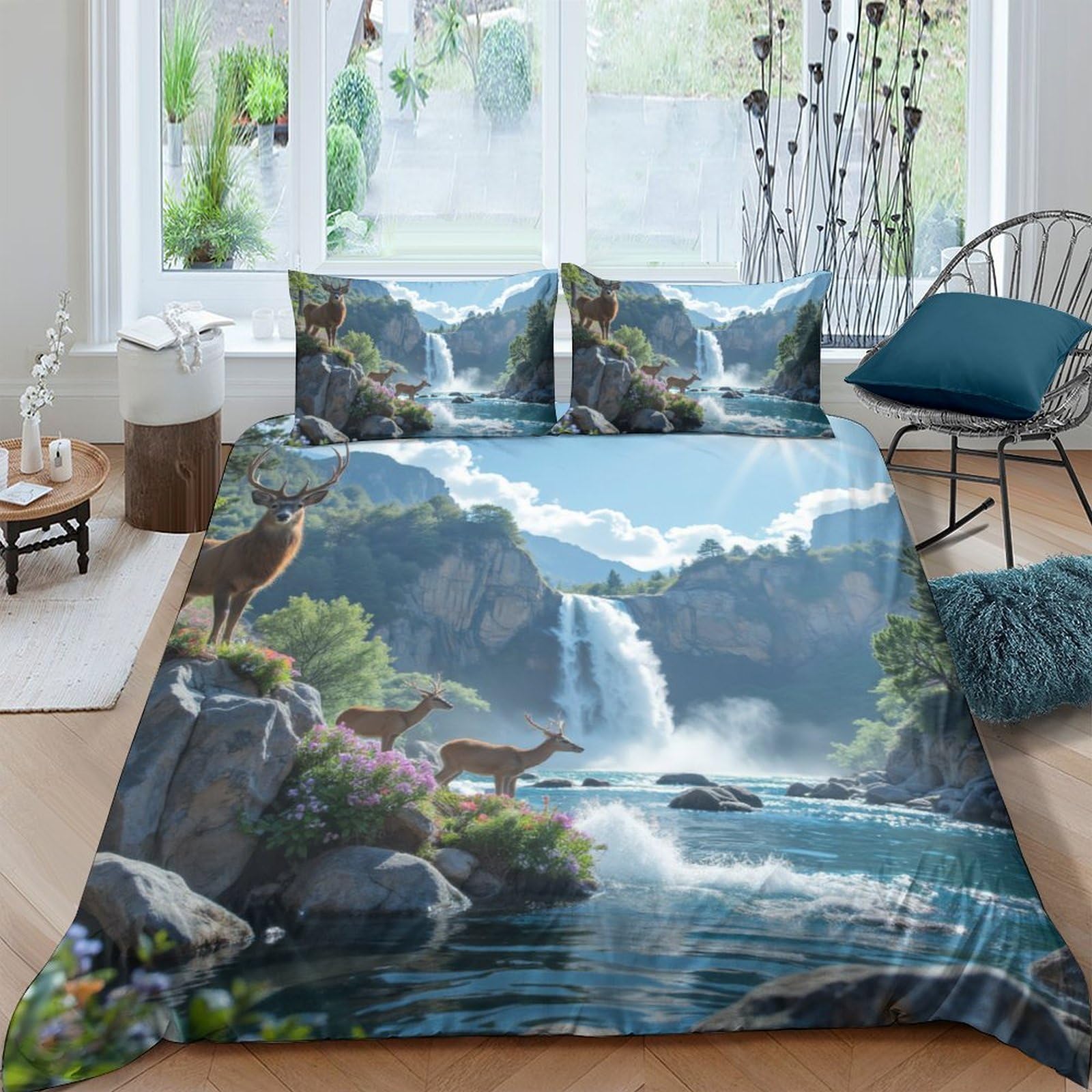 Ctjqhvkz Style-4 3D Printed Waterfall Deer Fitted Sheet Microfiber Soft Breathable Forest Landscape Bed Cover For Bedroom Decor Single（135X200cm）