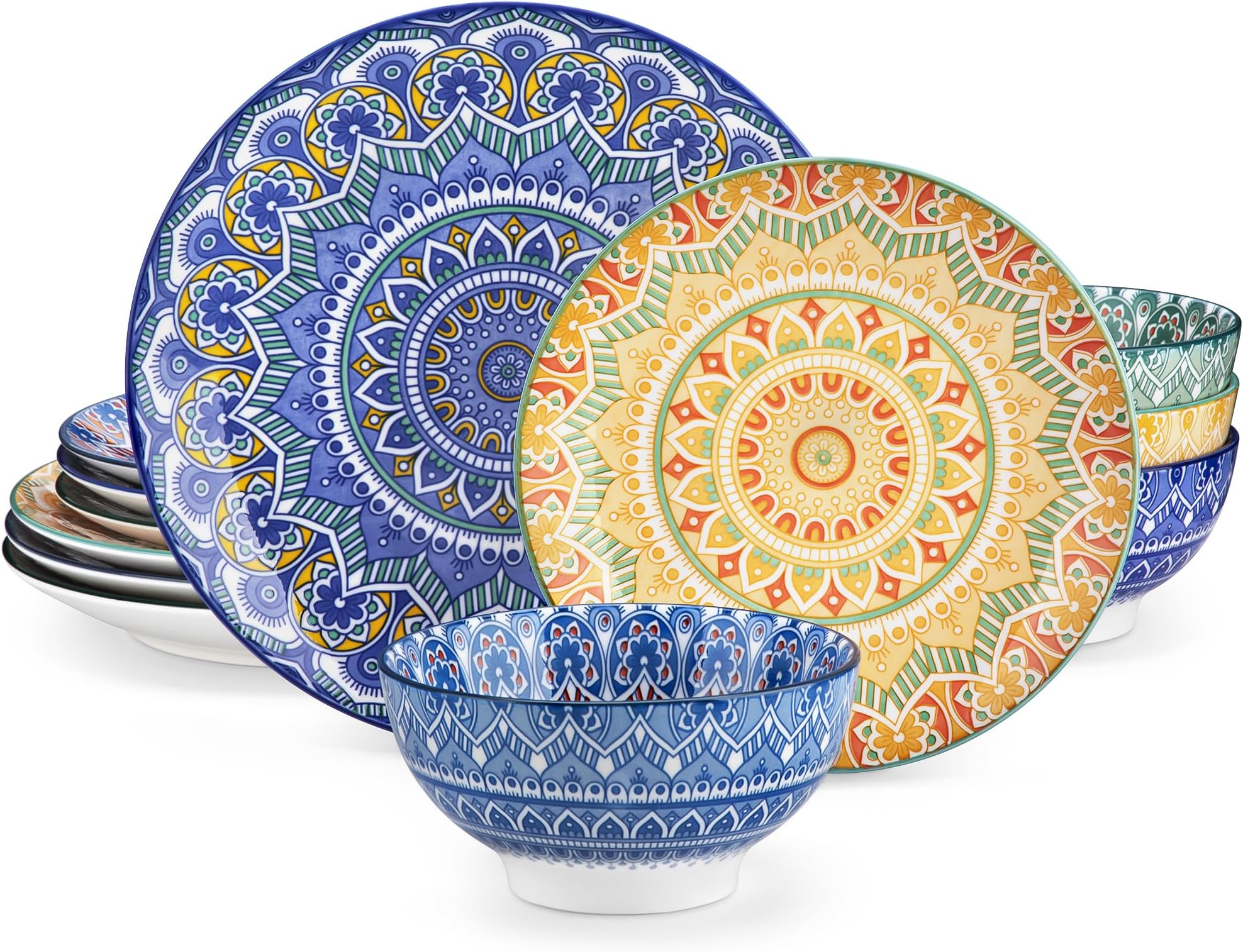 vancasso Mandala 12 Pieces Dinnerware Sets, Porcelain Dinner Set for 4, Boho Plates and Bowls Set, Colorful Dish Sets