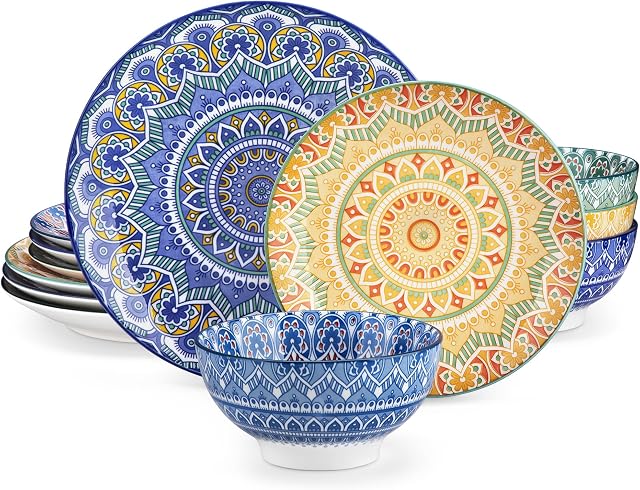 vancasso Mandala Dinnerware Sets 12 Pieces Porcelain Dinner Set for 4 Boho Plates and Bowls Dish Set