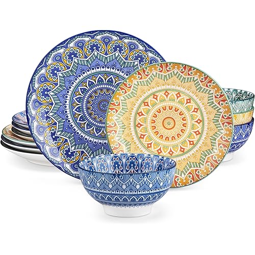 vancasso Mandala 12 Pieces Dinnerware Sets, Porcelain Dinner Set for 4, Boho Plates and Bowls Set, Colorful Dish Set