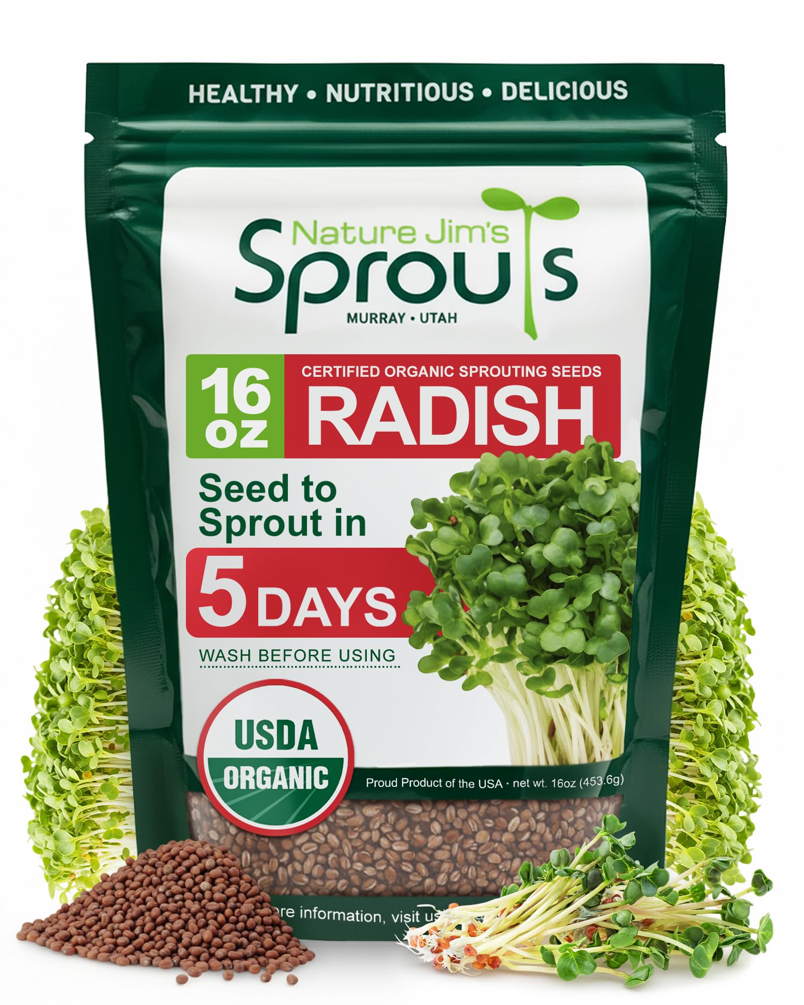 Nature Jims Organic Radish Sprout Seeds – 16 Ounce Premium Non-GMO Radish Seeds for Sprouting, Rich in Vitamins, Minerals, Fiber & Protein – Microgreen & Sprout Seeds for Home Growing