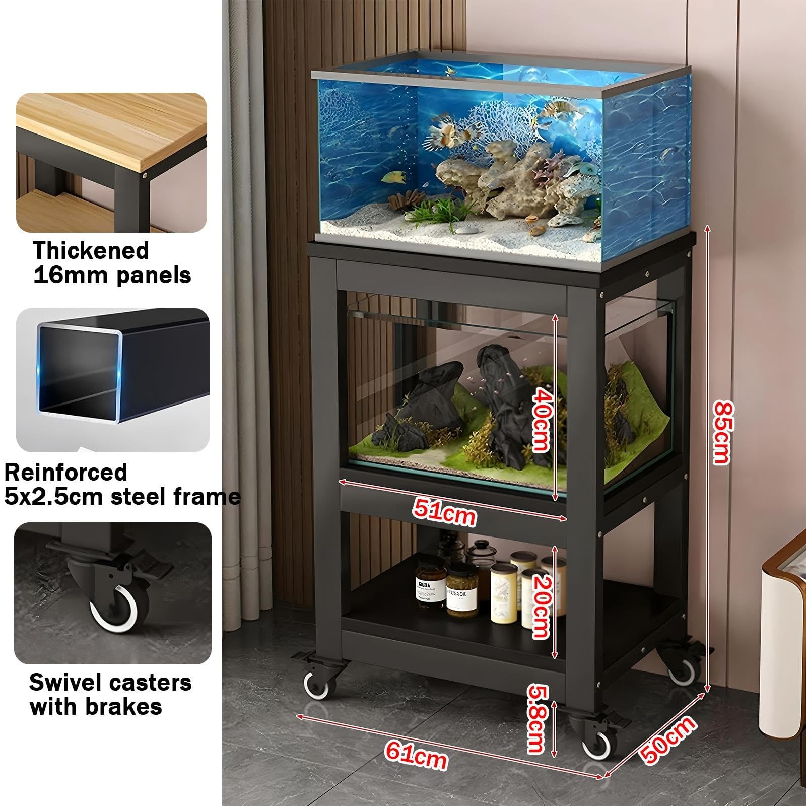 Zfmnoyev Soporte Resistente De 3 Niveles para Acuario con Ruedas Y Espacio