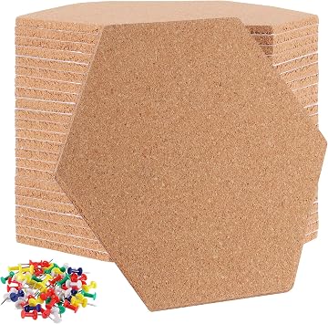 24 Pack 8 x 7 Inch Hexagon Cork Board Tiles, 1/4 Inch Thick Self Adhesive Cork Corkboards with 200 Multi-Color Push Pins, Corkboards Tiles for Walls Vision Boards Notes Memo Office Home